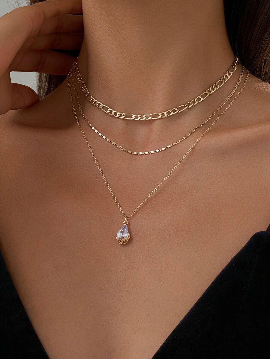 Tkool Bộ 3 dây chuyền nhiều lớp, thiết kế dây xích dẹt dày thời trang, đính đá Cubic Zirconia hình giọt nước bằng đồng, thích hợp cho phái nữ đeo khi đi nghỉ ở bãi biển - Vàng - Xem 1