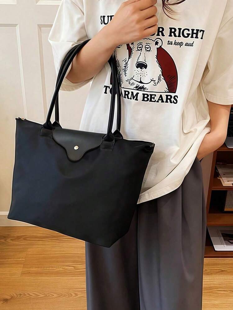 1pc Simple Versatile Casual Solid Color Large Zipper Big Capacity Shoulder Tote Bag, Suitable For Shopping, Vacation, Work, Commuting, Women's Fashion Shoulder Handbag, Zipper Top Handle Tote Bag, Waterproof Shoulder Bag, Dumpling Bag, Underarm Bag, Nylon Bag, Foldable Student Bag, Suitable For Travel, School And Office., Holiday - Black - View 2