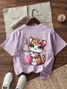Tween Girls Cute Beverage & Donut Print Round Neck T-Shirt, Summer Top - Purple - View 3