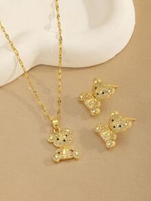 3pcs/Set Cute Cubic Zirconia Bear Necklace And Earrings Jewelry Set For Girls, Sweet And Adorable, Suitable For Street, Party, Date, Holiday, Exquisite Jewelry, Children's Birthday Gift - Multicolor - View 2