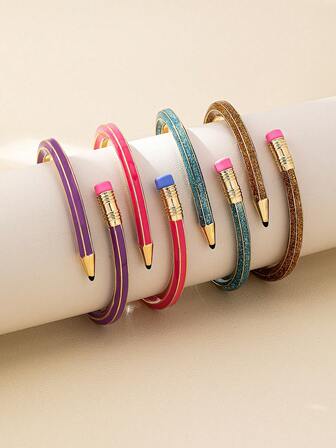 1pc Fashion Jewelry Zinc Alloy 3D Pencil Shaped Expandable Bangle Bracelet, Multiple Colors Available, Suitable As Back To School, Holiday, Teacher, Student, Couple Gifts