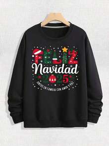 Men's Loose Round Neck Hoodie On The Street, With Colorful Art Words "FELIZ Navidad 2025" Paired With Christmas Hats, Christmas Trees, Holly And Other Patterns, Printed With The Words "JUNTOS EN FAMILIA CON AMOR Y PAZ", Christmas Elements, Soft And Casual Long Sleeved Pullover For Spring And Autumn, Machine Washable Outdoor Sports Top,Fall Hoodies,Men's Fall Clothes,Street Wear,Halloween,Mens Hoodies,Y2k Clothes,Jesus Hoodie,Thanksgiving Day,Nightmare Before Christmas,Christmas - 黑色 - 查看 1