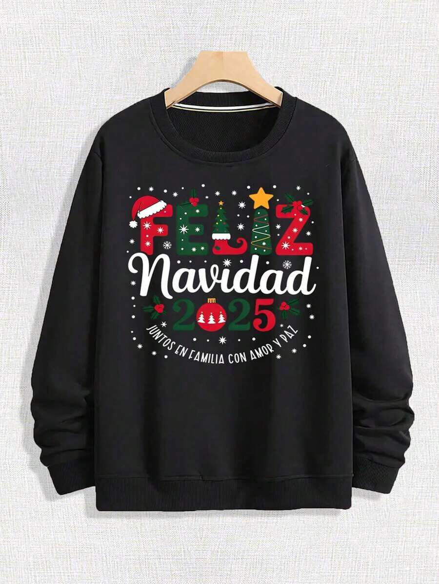 Men's Loose Round Neck Hoodie On The Street, With Colorful Art Words "FELIZ Navidad 2025" Paired With Christmas Hats, Christmas Trees, Holly And Other Patterns, Printed With The Words "JUNTOS EN FAMILIA CON AMOR Y PAZ", Christmas Elements, Soft And Casual Long Sleeved Pullover For Spring And Autumn, Machine Washable Outdoor Sports Top,Fall Hoodies,Men's Fall Clothes,Street Wear,Halloween,Mens Hoodies,Y2k Clothes,Jesus Hoodie,Thanksgiving Day,Nightmare Before Christmas,Christmas - 黑色 - 查看 1