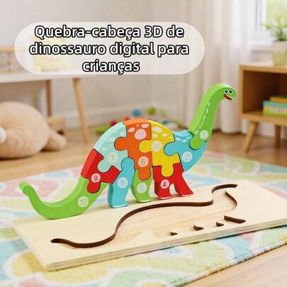 Quebra-Cabeça de Dino 3D em Madeira - Brinquedo Educativo Montessori para Bebês e Crianças Pequenas