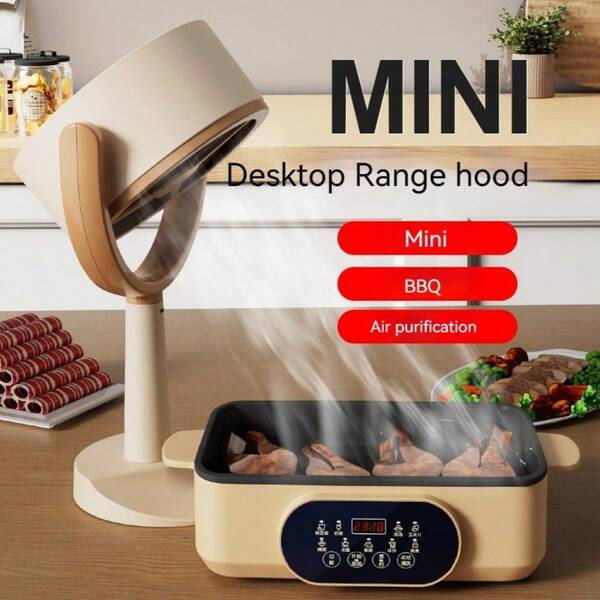 Einstellbare hängende Mini-Dunstabzugshaube, Tischplattendunstabzugshaube, tragbare Dunstabzugshaube, starke Saugkraft und geräuscharm, geeignet für Küche, Innenbereich, Familiengrillabend, Dinnerszene, mit 2 Filtern, 1 Netzkabel 8W