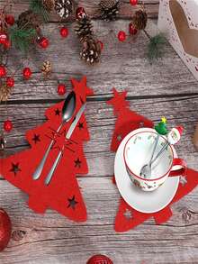 6 piezas/12 piezas Portacubiertos de árbol de Navidad, Bolsillos de fieltro para cubiertos Decoración de mesa navideña Decoraciones para fiestas de Navidad - Rojo - Ver 2