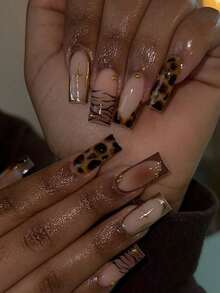 24pcs/Set Minimalist French Manicure Medium Length Nail Tips, Leopard Print, Gold Foil Starry, Tie Dye Brown, 3D Golden Pearl, Sweet Style Reusable Press-On Nails With Jelly Gel And 1pc Nail File, Suitable For Office Ladies, Daily Dates, Afternoon Tea, Outdoor Activities - Nhiều màu 4 - Xem 2