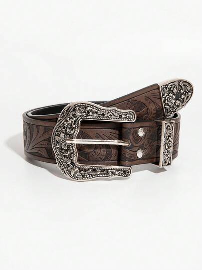 1pc Vintage Western Style Coffee Color Metal Carved Buckle Dragon Embossed PU Leather Belt, Suitable For Daily Wear