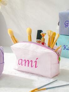Embroidered Name Cosmetic Bag, Customized Makeup Bag, Sanitary Pad Storage Bag, Travel Makeup Bag, Personalized Storage Bag, Multi-Functional, Decorative, Letter, Solid Color, Exquisite, Fashionable, Retro, Modern, Vibrant Color, Casual, Basic Style, Casual, Birthday Gift/Christmas Gift/Valentine's Day Gift/Mother's Day Gift - Multicolor - View 4