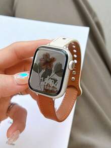The Minimalist Leather Strap Is Suitable For Dial Sizes Of 38/40/41/42/44/45/46/49 Millimeters And Is Compatible With Apple Watch Ultra/Se10/9/8/7/6/5/4/3/2/1 Series Straps - White and Brown - View 6