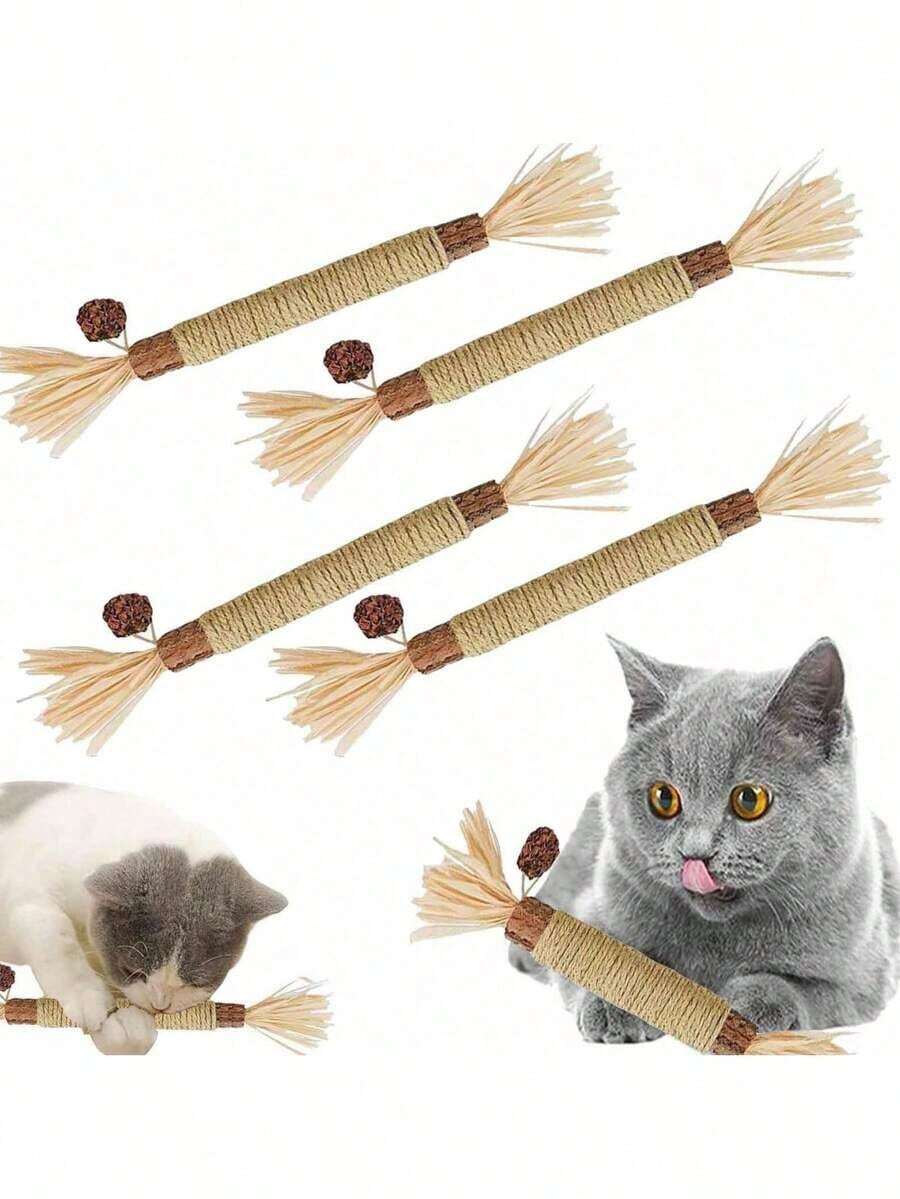 3Pcs Cat Wooden Teeth Grinding Sticks - Natural Chew Toy For Kittens & Cats - Teeth Cleaning Pet Supplies - 棕色 - 查看 1