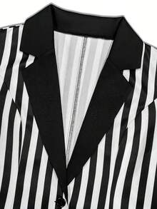 Women's Fashion Black And White Striped Short Jacket, Collared, Long Sleeve, Button Front, Regular Length, Woven Fabric, Non-Stretch - Black - View 3