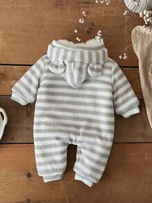 INS Newborn Baby Unisex Button Striped Knitted Thick Warm Lining Romper, Winter