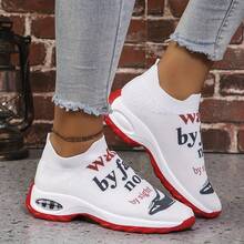 Ladies' Breathable Knitted Sports Shoes With Stable Support - Soft EVA Sole, All - Season Casual Shoes. White With Black And Red Accents And "Walk By Faith" High - Heel Pattern Design. Ladies' Comfortable Shock - Absorbing Shoes - 紅色 - 查看 5