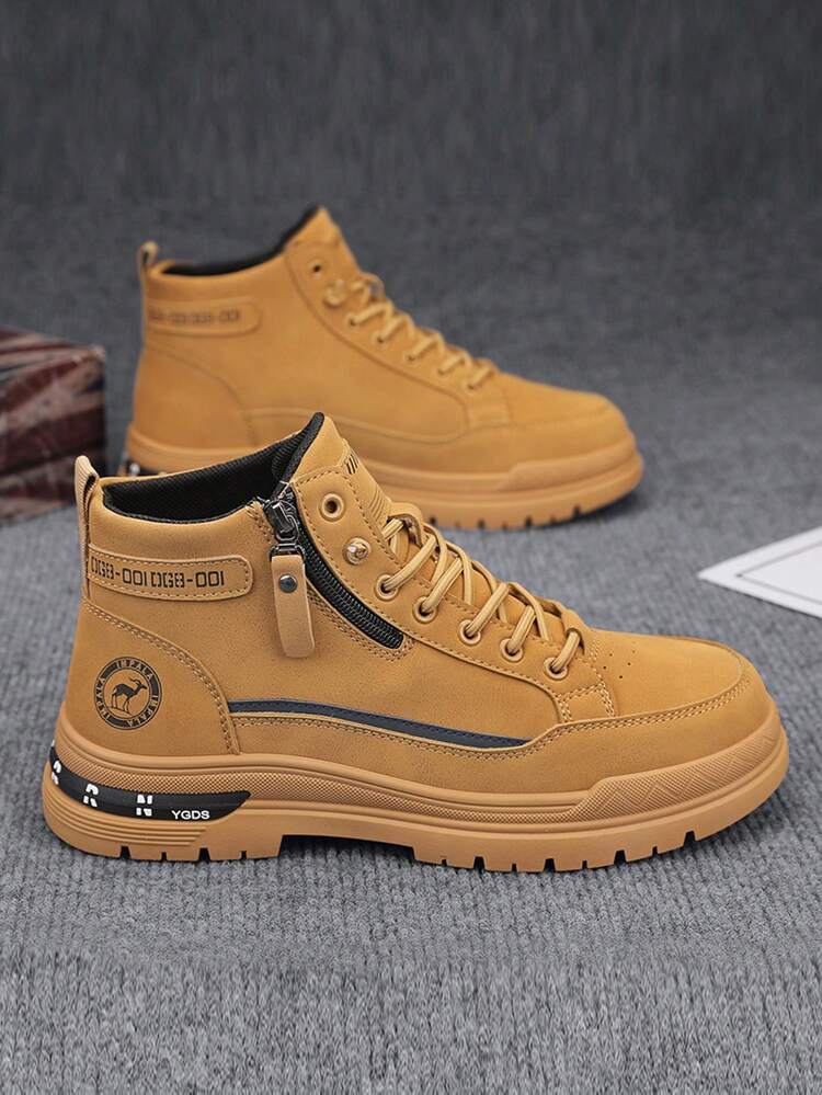 Botas y ante de caña alta para hombres, diseño con cordones y cremallera lateral hasta el tobillo, suela gruesa con elevador, estilo clásico retro para senderismo, motocicleta, cómodas forradas, adecuadas para otoño, exteriores, calle, vacaciones, viajes, multiusos - Caqui - Ver 1