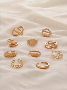 Set de 10 piezas de joyería con estilo europeo y americano, diseño único que incluye anillos geométricos en forma de arco, anillos ajustables y anillos abiertos exagerados, adecuados para que las mujeres los usen en reuniones y fiestas diarias - Juego de anillos - Ver 3