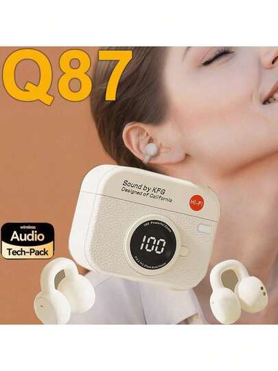 Fone of Ouvido Sem Fio com Tela Digital and Baixa Latência para Jogos, Design Retro em Couro, Tipo Semi-Intra-Auricular, Modelo Q87