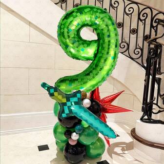 Qi Jing Mao Yi 25 st. 40-tums grön pixelgruvarbetare 0/1/2/3/4/5/6/7/8/9 jubileumstema röd stjärna ballongset diamantsvärd aluminiumfilmballong djungelspel evenemang födelsedagsfestdekoration