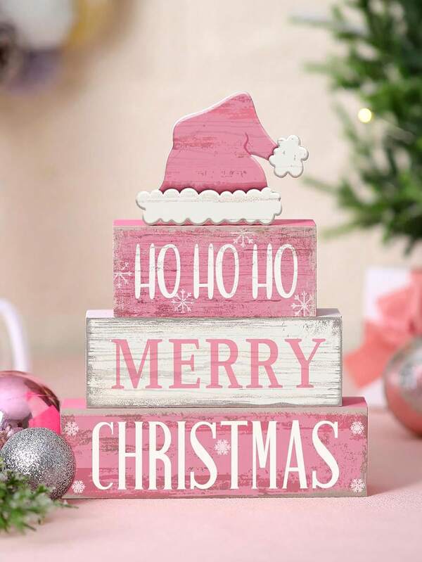 4pcs/Set Rustic Wooden Christmas Decorative Signs And Plaques - Ladder Tray With Pink Hat And Snowflake Design, "Merry Christmas" Text, Farmhouse Tabletop Centerpiece, Holiday Home Decor, Christmas Decorations, Best Of Christmas