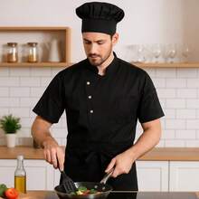 BIG Conjunto de Chef Profesional, 3 Piezas, Negro, Uniforme de Cocina con Gorro, Camisa Manga Corta y Delantal - Grande + Negro - Ver 3