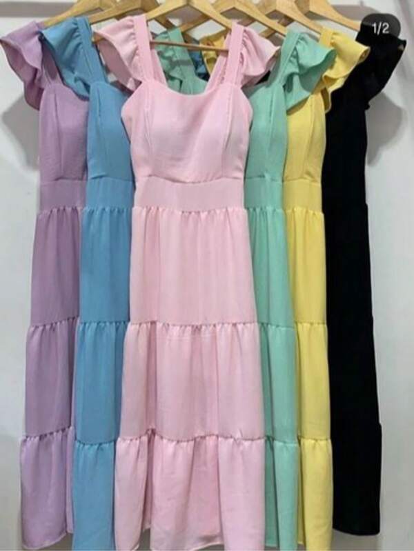 Vestido Midi Feminino Alça Babado Elegante Moda Verão Casual Festa Praia