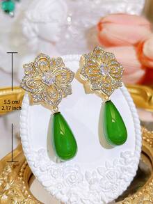 SEQUITO 2件套迪拜设计师女士耳饰，镀金密镶AAA级立方氧化锆花朵水滴绿色耳坠，适合宴会佩戴 - 5.5厘米 - 查看 10