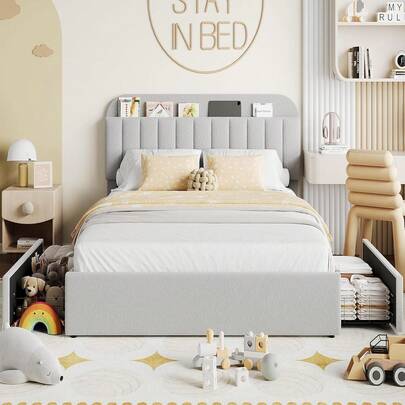 Marco de cama de tamaño queen con 2 cajones flexibles, Marco de cama de plataforma tapizada de bucle con cabecera de estante, Marco de cama para niños / niñas, Fácil montaje, No se necesita primavera de caja, Sin ruido