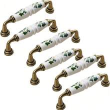 4/6pcs Rustic Ceramic Cabinet Handle With Green And Brown Floral Pattern-Antique Bronze Finish, Country Style Cabinet Door And Drawer Furniture Knob