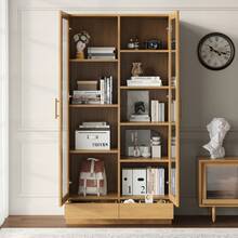 Vetrina in vetro (armadio per ufficio/archivio/scaffale portaoggetti) – ripiani mobili, non regolabili, cassetti con apertura a pressione senza maniglie, 80*40*160, color legno