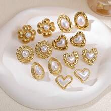 Pendientes de acero inoxidable de alta calidad, pendientes de flor de perla con lazo, no se destiñen, color dorado para mujeres