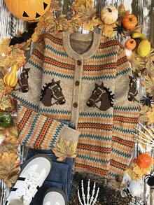 Suéter de Cardigan de Punto Holgado con Diseño de Rayas Multicolor y Estampado de Caballo para Mujer, Otoño/Invierno, Moda Elegante y Cómoda, Uso Versátil Casual y Doméstico, con Botones Decorativos y Manga Larga - Multicolor - Ver 2