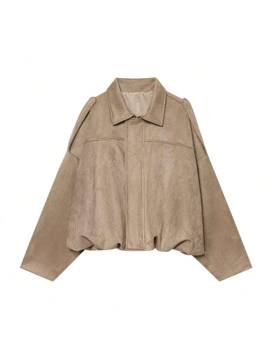 DEEKA Casual Versatile Suede-Like Bomber Jacket For Women, Spring/Autumn - Light Brown - View 1