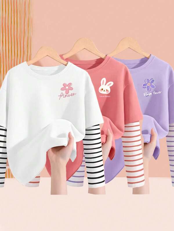 3pcs/Set Young Girl Cute Tops, Children Girl's Elegant T-Shirts, Warm Undershirts With Heart Pattern