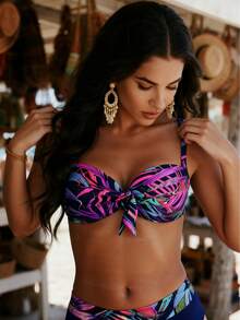 LARA VIVA Women's Plus Size Bikini Set, Floral Print, Halter Neckline, Adjustable Side Tie, Ideal For Vacation, Pool And Parties - Màu xanh hải quân - Xem 6