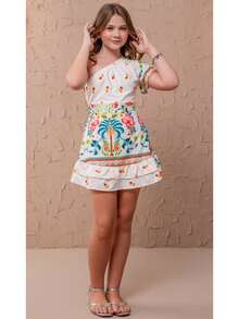 Lilithor Kids Girls' Jumpsuit With Skirt And Shorts – Fashion For Girls, Pre-Teens, And Teens From 4 To 16 Years Old | Stylish, Comfortable, And Versatile Look For Parties, Outings, And Special Moments | Available In: White With Orange – Tropical Hibiscus: Green Foliage And Vibrant Orange Flowers Reminiscent Of Summer; Pastel – Enchanted Garden: Arabesques And Delicate Flowers With An Artistic And  Air; Beige –  Tucan: Tropical Toucans, Colorful Flowers, And A Fun, Cheerful Touch | Design With Ruffle On The Shoulder And Built-In Shorts That Ensures Comfort And Freedom | Ideal Piece For Gifting On Birthdays, Children's Day, Christmas, And Special Events | Modern And Light Style For Girls With Personality And Charm | Summer Outfit With Perfect Fit And Exclusive Lilithor Kids Print - 白色與橙色 - 查看 2