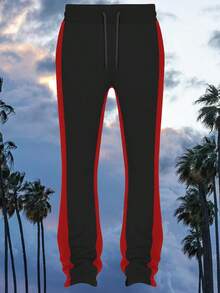 Mens Casual Tech Fleece Solid Stacked Sweat Pants - Black Red - View 1
