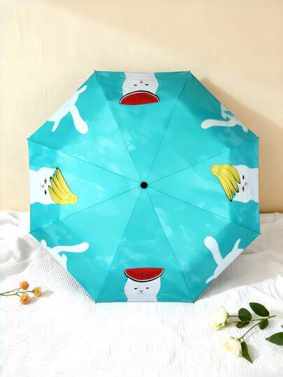 Guarda-chuva Dobrável com Gato Engraçado e Frutas, Essenciais de Viagem Fofos, Ultralight, Portátil, Compacto, Com Proteção UV, Guarda-chuva de Chuva para Halloween e Natal, Unissex