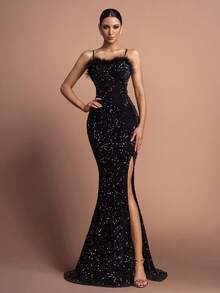 优雅闪亮吊带晚礼服 - 交叉露背吊带和高开衩设计，闪亮鱼尾裙摆 - 是正式晚宴、婚礼宾客、红毯活动和奢华派对的理想之选 - 黑色 - 查看 4