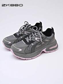 ZKBBO Women's Casual Chunky Sneakers, Thick Sole Comfortable Outdoor Walking Shoes, Round Toe Lace-Up - Grey - View 1