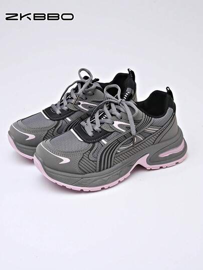 ZKBBO Damskor med tjocka skor, bekväma promenadskor för utomhusbruk, rund tå med snörning