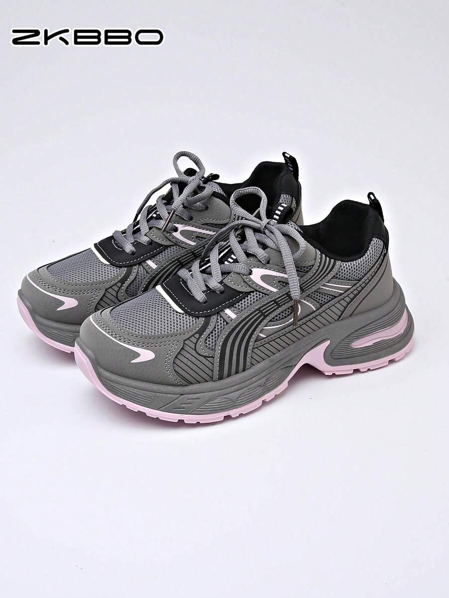 ZKBBO Women's Casual Chunky Sneakers, Thick Sole Comfortable Outdoor Walking Shoes, Round Toe Lace-Up - Grey - View 1