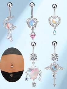 1pc Personalized Heart & Moon Cubic Zirconia Inlaid Navel Ring, 14G Iridescent Aurora Decor Belly Button Piercing Suitable For Daily Wear