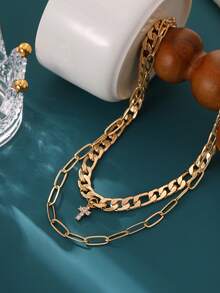 Tkool 2 pièces Collier chaîne en cuivre incrusté de zirconium cubique style hip-hop, chaîne épaisse exagérée, ensemble de collier trombone pour le port en extérieur - Or jaune - Voir 4