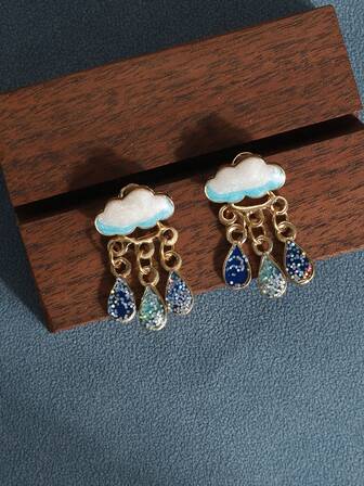 1 Pair Elegant Cloud & Raindrop Design Casual Everyday Wear Tassel Earrings, Unique & Chic