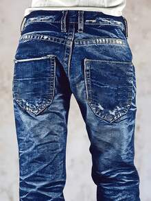 186 Winter-Spring Insulated Thick Men's Denim Pants, American Retro Washed Classic Blue, Featuring Worn-Out Cat Whisker Texture And Handcrafted Worn-Out Cat Fur Texture. Essential For Winter, Insulated And Comfortable Soft Thick Denim Pants, Men's Denim Pants, Elasticated Denim Pants. - 藍色 - 查看 3