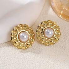 Pendientes de acero inoxidable de alta calidad, pendientes de flor de perla con lazo, no se destiñen, color dorado para mujeres