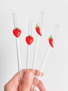 1/2/4Pcs Reusable Glass Straws With Red Strawberry/Chili Charms, Cute Bent And Clear Glass Drinking Straw With Cleaning Brush, For Kitchen Accessories, Water Cup,Cold Drinks, Milk Tea, Coffee, Juice, Smoothies, Kitchens, Restaurants, Cocktail Parties, Back-To-School, Gifts For Girlfriends/Boyfriends, Parents, Friends, Holiday Supplies.New Year, Valentine's Day. - Style 1 - View 3