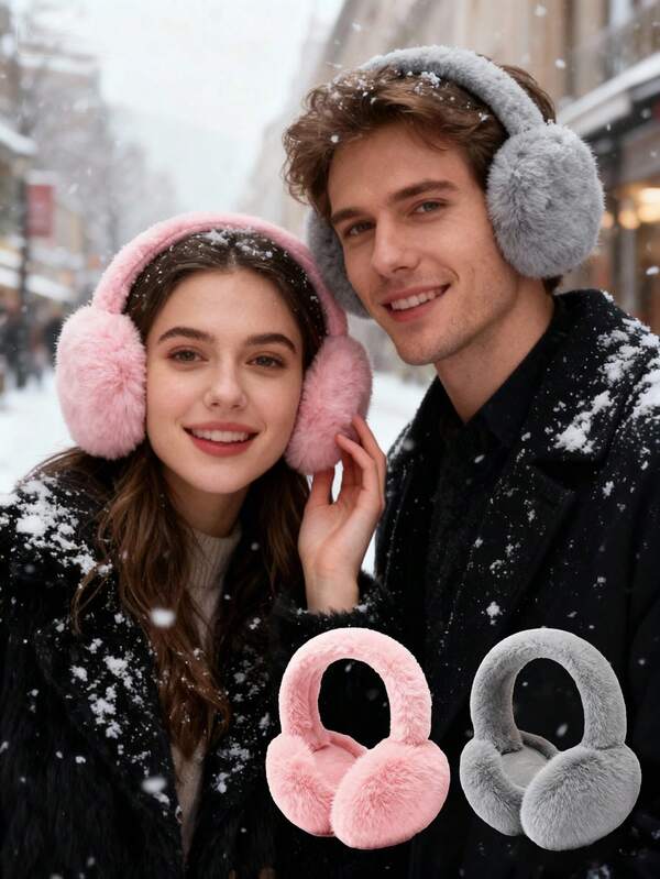1pc Fluffy Rabbit Fur Earmuffs, Fashion & Cute, Available In Pink/Black/Gray/White, Long Fur Style, Foldable & Portable, Warm & Cold-Proof Ear Muffs, Unisex, Great Gift For Kids During Holidays