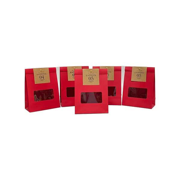 5pcs Christmas Red/Brown Candy Cookie Bags With Window, Freestanding Paper Candy Bags, Gift Bags, Suitable For Wedding Party Candy, Pastry Shopping And Retail, Cookie Bags, Food Bags, Food Boxes, Suitable For Candy, Chocolate, Cookies