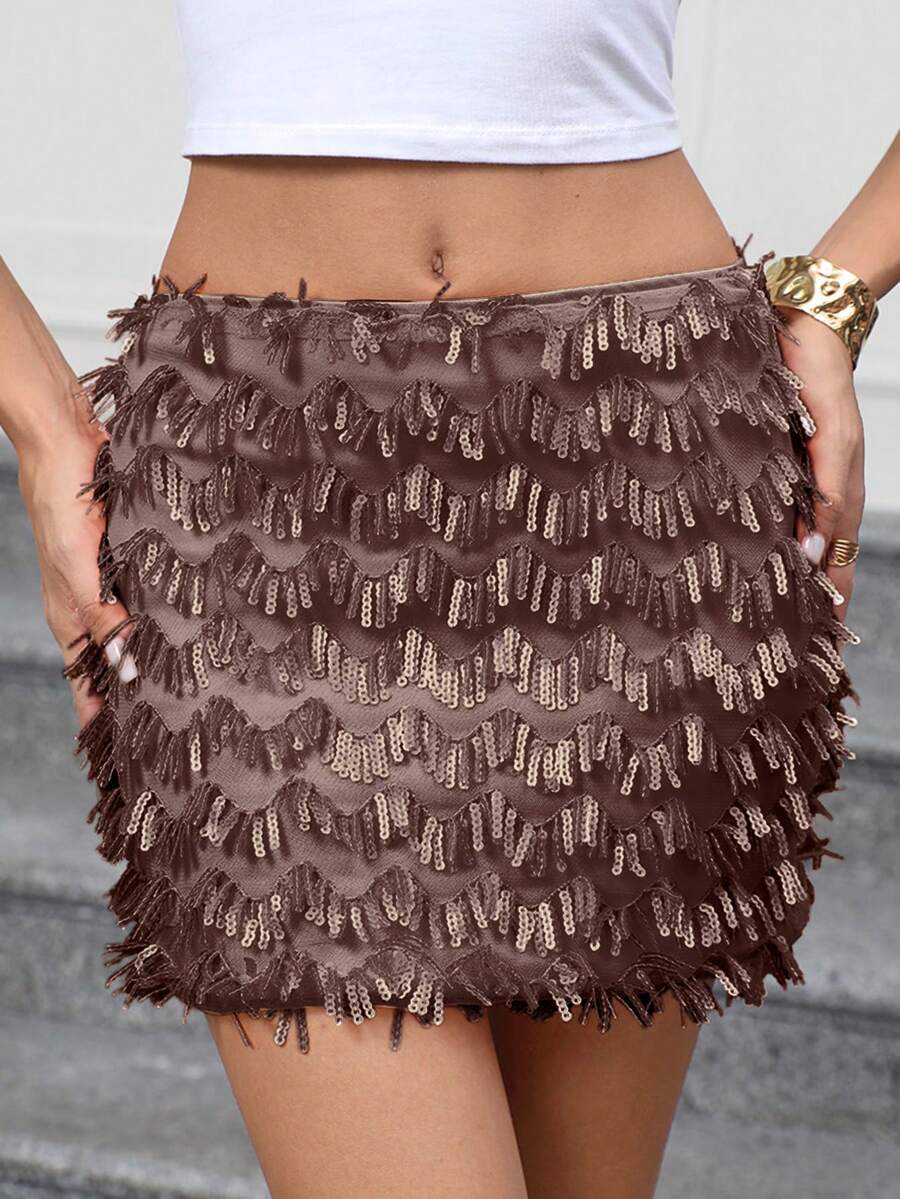 Minifalda sexy de mujer Lanisen con lentejuelas marrones - Diseño con cremallera lateral, perfecta para Navidad, San Valentín, Nochevieja, citas, fiestas, clubes y festivales de música